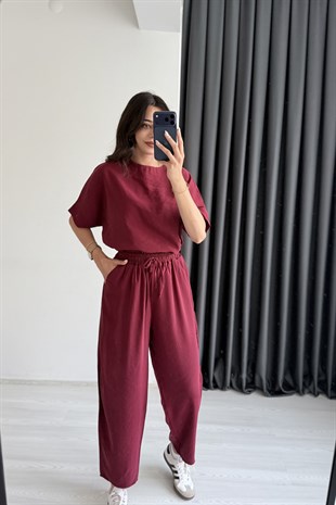 Begona Bordo Tensel Bluz Pantolon  Takım