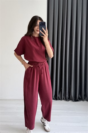 Begona Bordo Tensel Bluz Pantolon  Takım