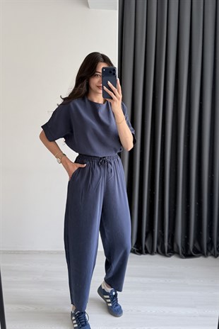 Begona Lacivert Tensel Bluz Pantolon  Takım