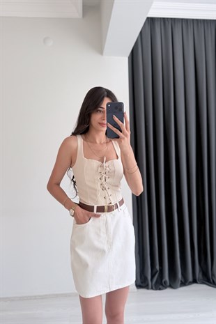 Belina Beyaz Kemerli Mini Etek 