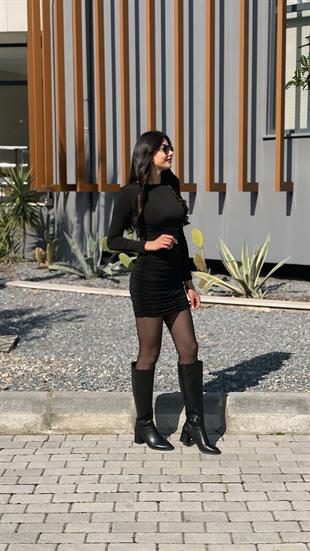 Belinda Siyah Drapeli Mini Elbise