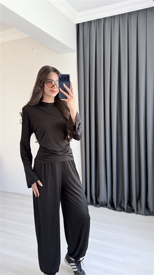 Bella Beli Ayarlanabilir Uzun Kollu Bluz Eşofman Takım Siyah