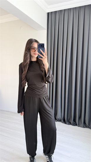 Bella Beli Ayarlanabilir Uzun Kollu Bluz Eşofman Takım Siyah