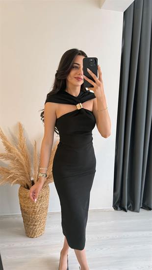 Beyonce Siyah Göğüs Aksesuar Detaylı Maxi Boy Elbise