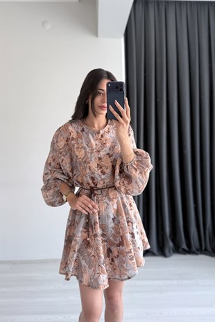 Bloome Ahşap Boncuklu Kahve Mini Elbise