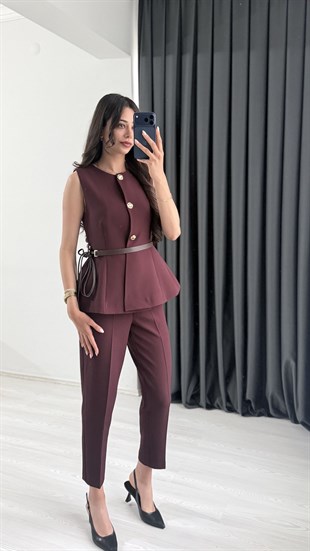 Boby Mürdüm Kemerli Premium Pantalon Yelek Takım
