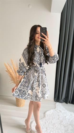 Bogie Premium Seri Lacivert Krem Desenli Poplin Elbise