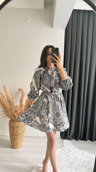 Bogie Premium Seri Lacivert Krem Desenli Poplin Elbise