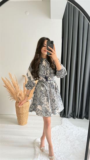 Bogie Premium Seri Lacivert Krem Desenli Poplin Elbise