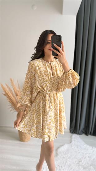 Bogie Premium Seri Sarı  Beyaz Desenli Poplin Elbise