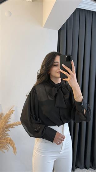 Bonita Siyah Bağlamalı Şifon Gömlek
