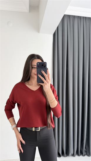 Break Oysh Modal Ön Arka V Yaka Likralı Bluz Bordo