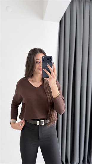 Break Oysh Modal Ön Arka V Yaka Likralı Bluz Kahve