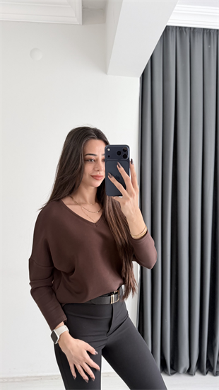 Break Oysh Modal Ön Arka V Yaka Likralı Bluz Kahve