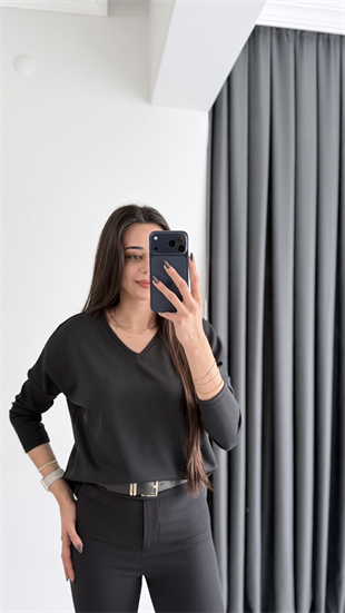 Break Oysh Modal Ön Arka V Yaka Likralı Bluz Siyah