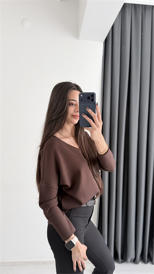 Break Oysh Modal Ön Arka V Yaka Likralı Bluz Kahve