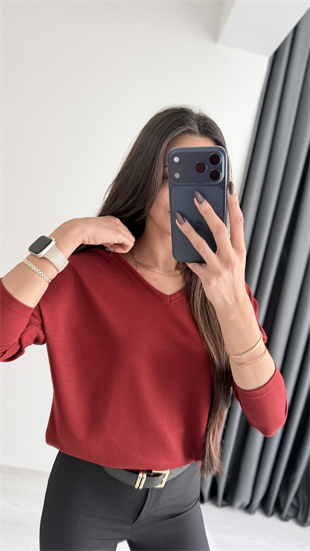 Break Oysh Modal Ön Arka V Yaka Likralı Bluz Bordo
