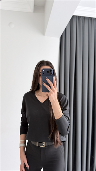 Break Oysh Modal Ön Arka V Yaka Likralı Bluz Siyah