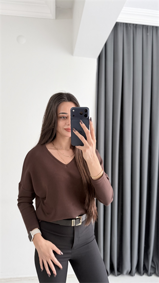 Break Oysh Modal Ön Arka V Yaka Likralı Bluz Kahve