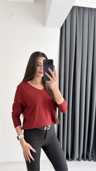 Break Oysh Modal Ön Arka V Yaka Likralı Bluz Bordo