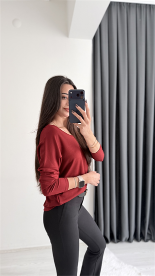 Break Oysh Modal Ön Arka V Yaka Likralı Bluz Bordo