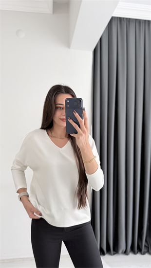 Break Oysh Modal Ön Arka V Yaka Likralı Bluz Beyaz