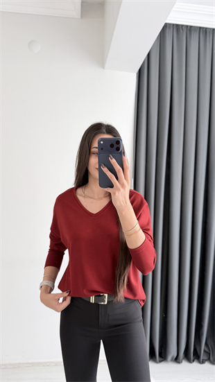 Break Oysh Modal Ön Arka V Yaka Likralı Bluz Bordo