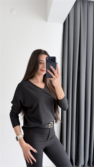Break Oysh Modal Ön Arka V Yaka Likralı Bluz Siyah