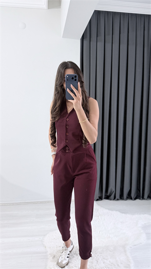 Bronde Likralı Pantalon Ve Yelek Bordo Takım