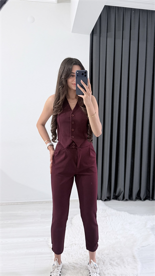 Bronde Likralı Pantalon Ve Yelek Bordo Takım