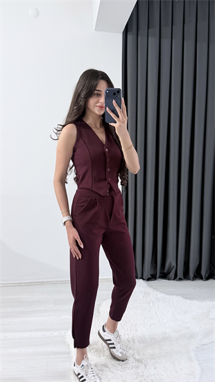 Bronde Likralı Pantalon Ve Yelek Bordo Takım