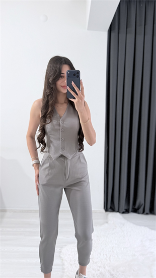 Bronde Likralı Pantalon Ve Yelek Gri Takım