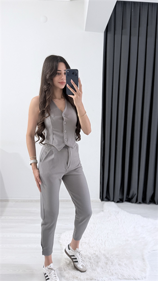 Bronde Likralı Pantalon Ve Yelek Gri Takım
