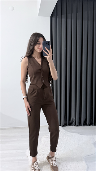 Bronde Likralı Pantalon Ve Yelek Kahve Takım