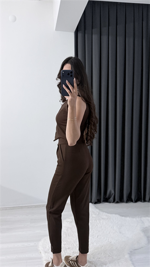 Bronde Likralı Pantalon Ve Yelek Kahve Takım