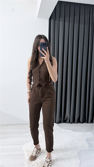 Bronde Likralı Pantalon Ve Yelek Kahve Takım