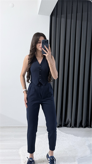 Bronde Likralı Pantalon Ve Yelek Lacivert Takım