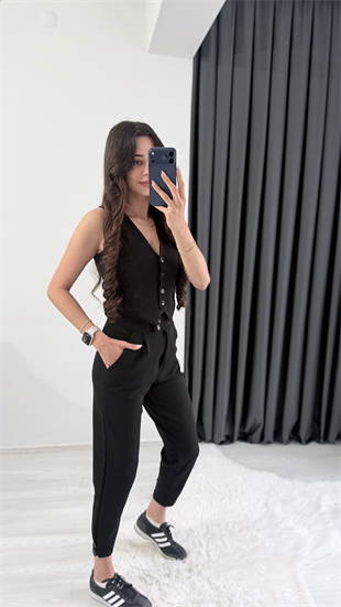 Bronde Likralı Pantalon Ve Yelek Siyah Takım