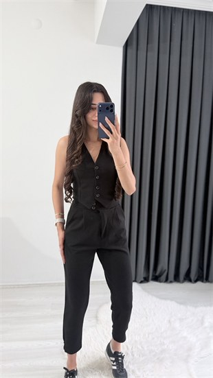 Bronde Likralı Pantalon Ve Yelek Siyah Takım