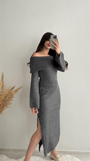 Buklet Madonna Yaka İpek Triko Maxi Antrasit Elbise