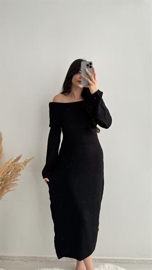 Buklet Madonna Yaka Triko Likralı Maxi Elbise