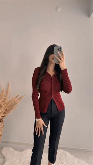 Cali Polo Yaka Tam Boy Düğmeli Elit Triko Bordo