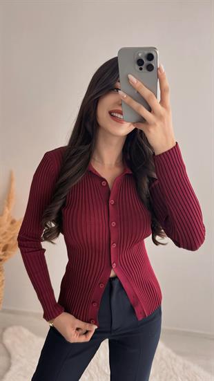 Cali Polo Yaka Tam Boy Düğmeli Elit Triko Bordo