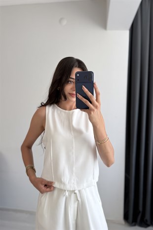 Rute Tensel Kumaş Denim Beyaz Pantalon Ve Bluz Takım 