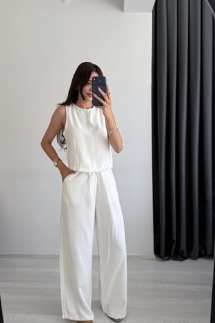 Rute Tensel Kumaş Denim Beyaz Pantalon Ve Bluz Takım 
