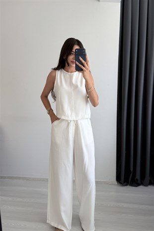 Rute Tensel Kumaş Denim Beyaz Pantalon Ve Bluz Takım 