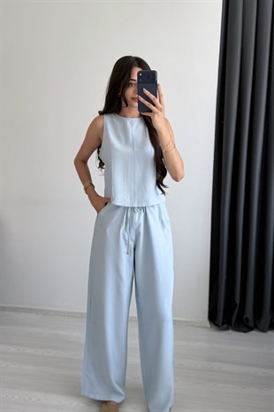Rute Tensel Kumaş Denim Mavi Pantalon Ve Bluz Takım 