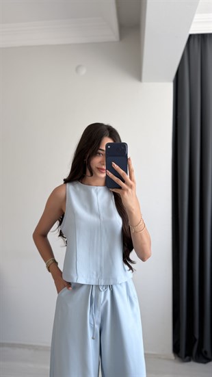 Rute Tensel Kumaş Denim Mavi Pantalon Ve Bluz Takım 