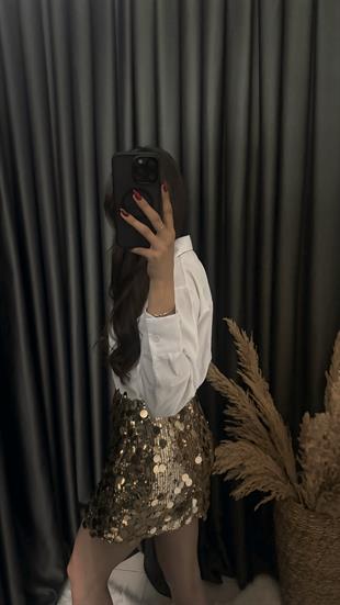 Christmas Marka Model Likralı Mini Payet Etek Gold