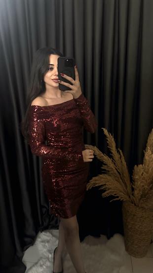 Christmas Marka Model Madonna Yaka Mini Payetli Elbise Bordo